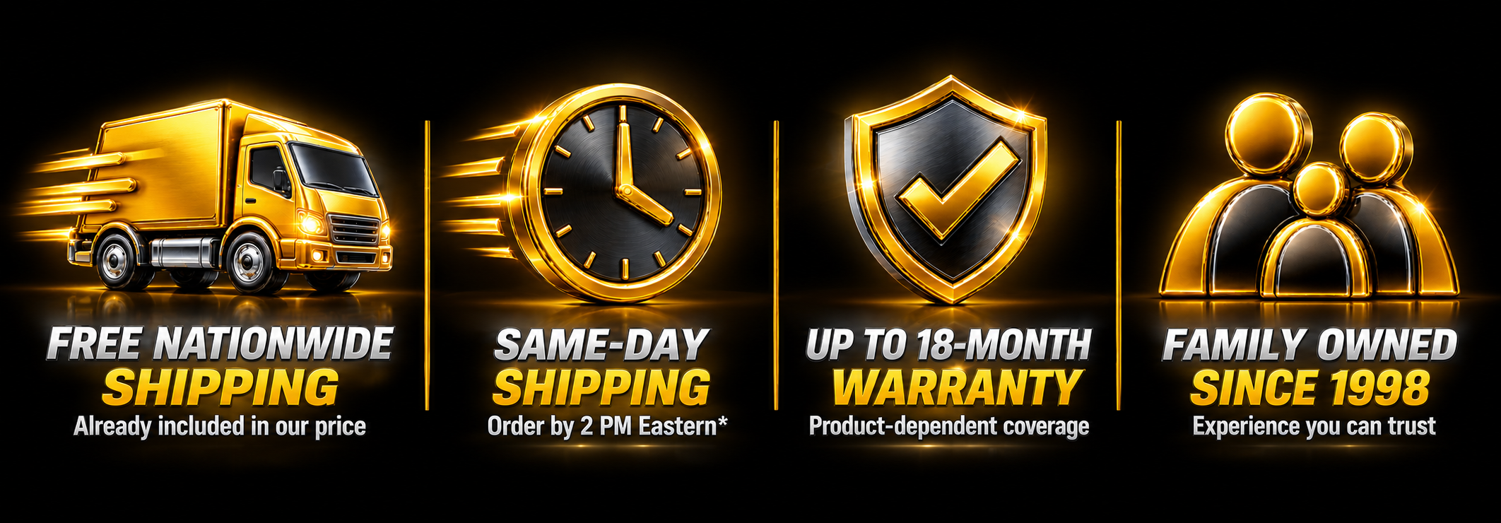 RubberTrack.com benefits: free nationwide shipping on qualifying products, same-day shipping on eligible orders, up to 18-month warranty, and family owned since 1998.